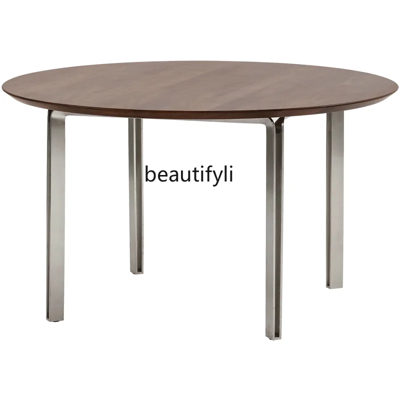 

Solid wood retro round table walnut small apartment dining table medieval negotiation table stainless steel