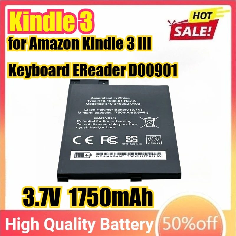 2025Years 3.7V 1750mAh Kindle 3 Battery for Amazon Kindle 3 III Keyboard EReader D00901 Graphite 170-1032-00 / FS249