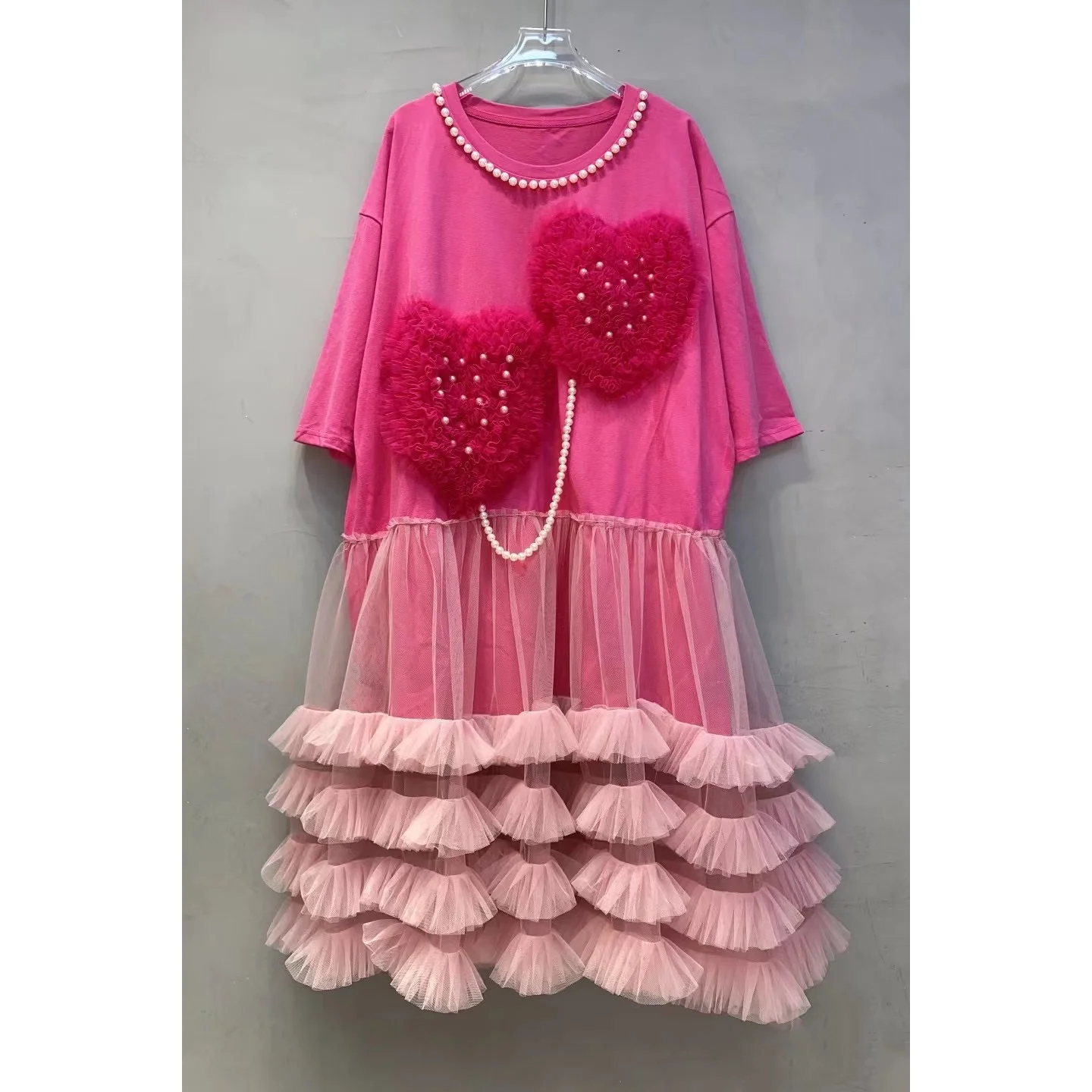 Chic Love Mesh emendado Ruffles T-shirt Vestido, Pérolas, Cadeia frisada, Borlas Gaze, Plissado Patchwork Tees, Jumpers Tops