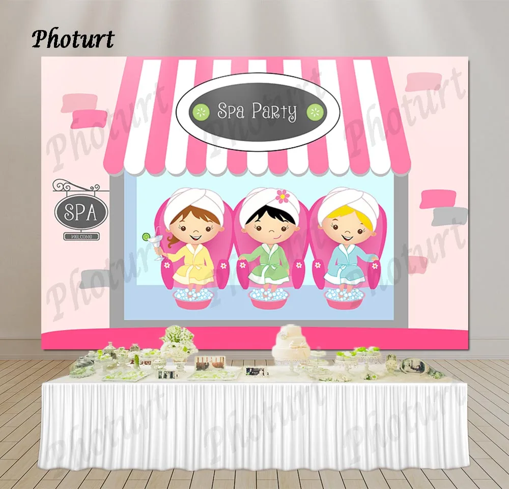 PHOTURT Spa Party Backdrop Girls Birthday Decoration Background Pink Stripes House Vinyl Photography Photo Decorate Props