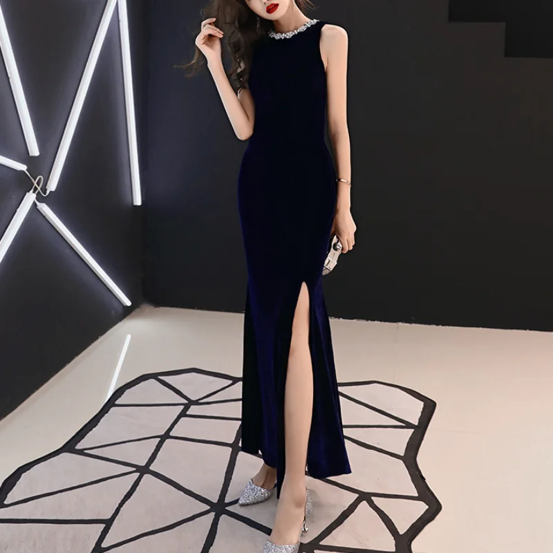 

O-neck Beading Design Collar Evening Dress Elegant Sleeveless Slim Waist Prom Vestidos 2023 New Split Simple Formal Dresses