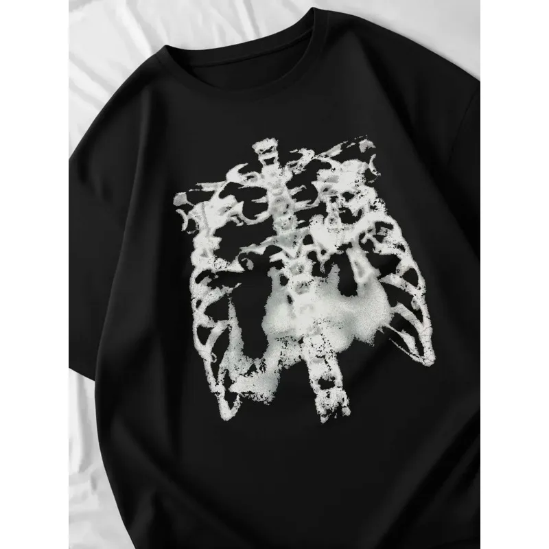 Unisex Oversize T‑Shirt Vintage Skeleton Ribcage Print Loose Short Sleeve Gothic Punk Streetwear Casual Cotton Tees