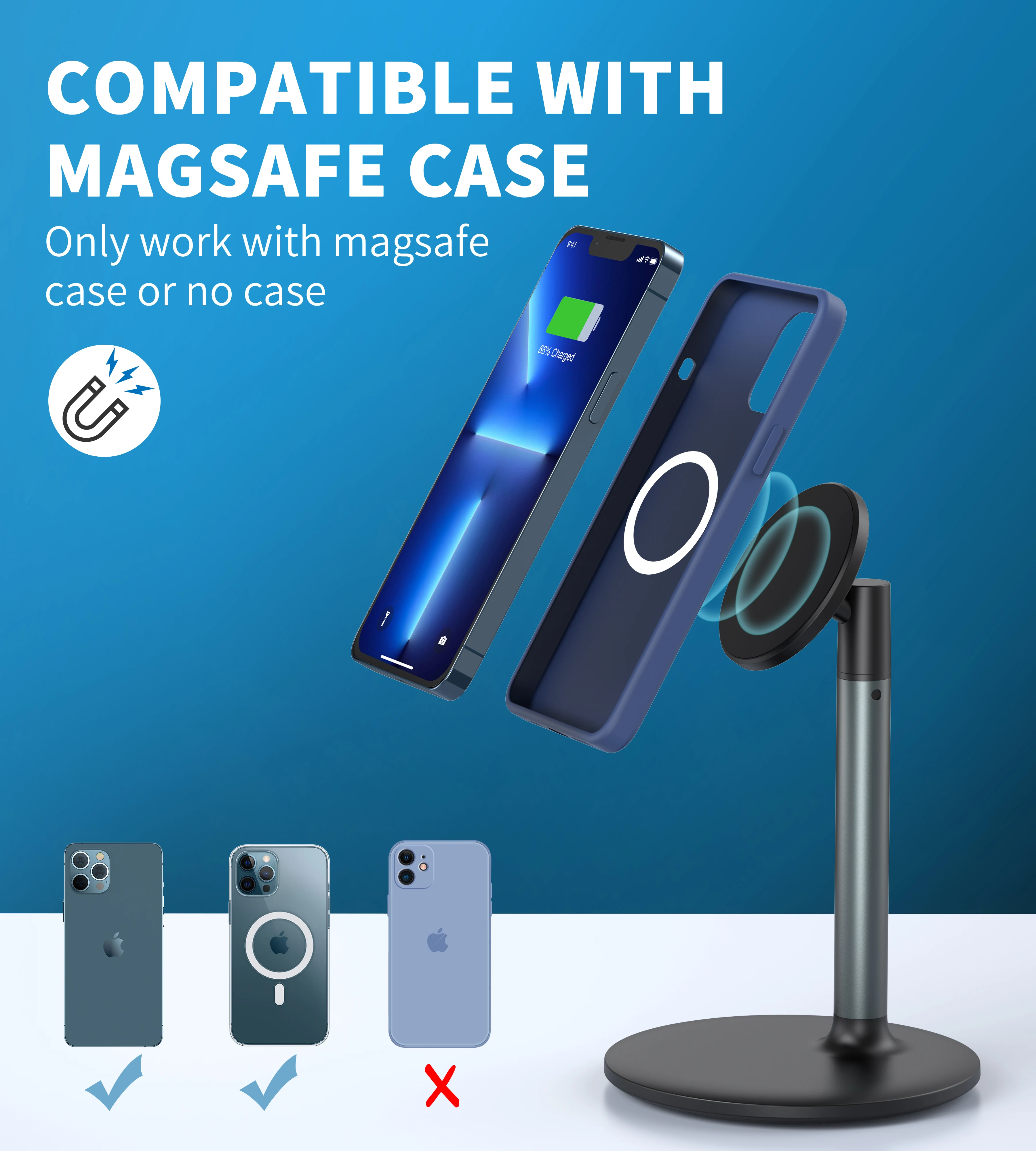 Magnetic Desk Phone Stand for iPhone16 15 14 13/12 - Phone Holder Dock with 360°Rotation, Height&Tilt Adjustable for Office/Home
