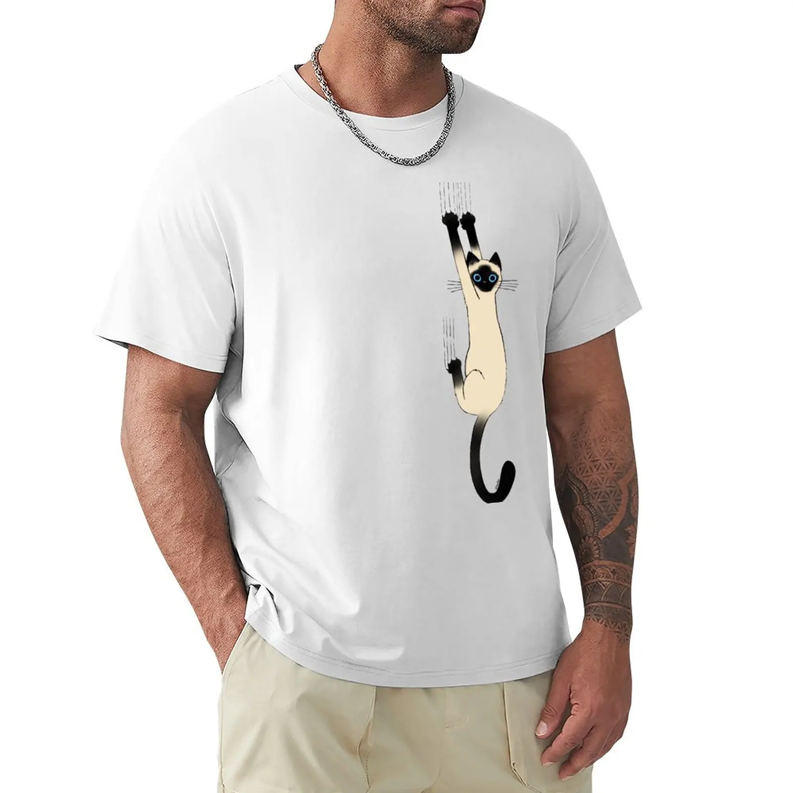 Siamese Cat Hanging On with Claws Funny Cat Holding On T-Shirt summer top anime clothes tees black t shirts for men