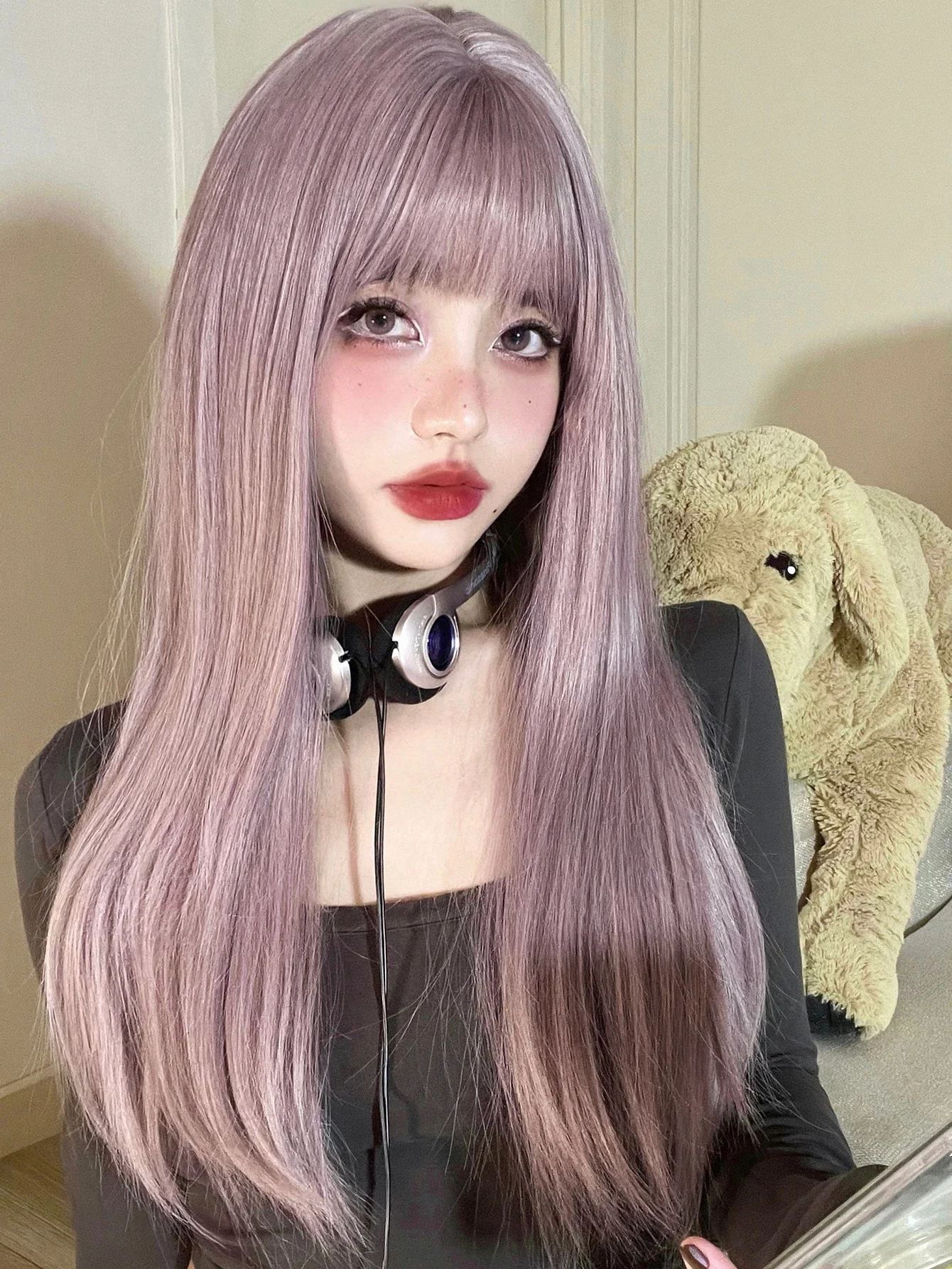 22Inch Pinky Light Purple Synthetic Wigs With Bang Long Natural Straight Hair Wig for Women Daily Use Cosplay Heat Resistant