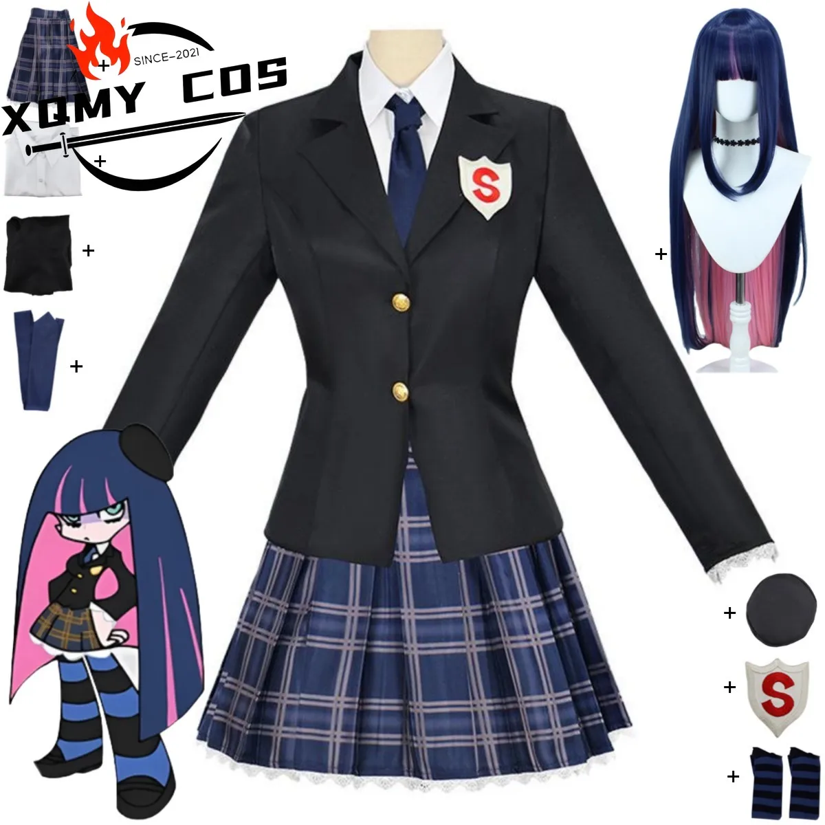 

XqAnime Panty & Stocking with Garterbelt Stocking·Anarchy Cosplay Costume Japan South Korea JK School Uniform Wig Woman Sexy Sui