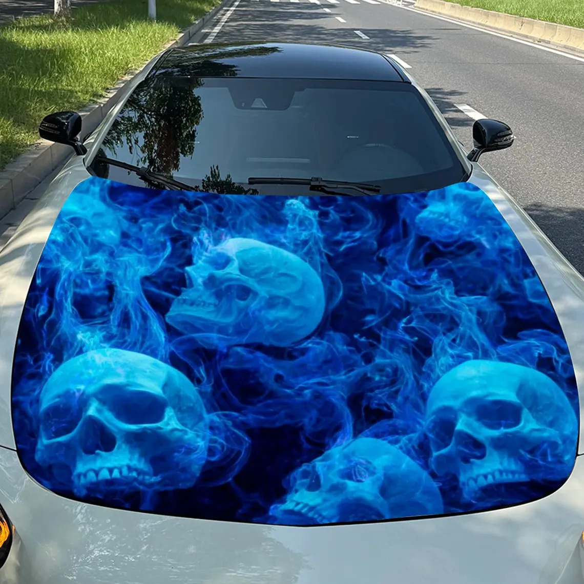 

Dazzling Blue Flame Skull Design Pattern Car Hood Decal-Scratch Resistant, Weather Resistant PVC, Easy To Stick, Adding Bold Des