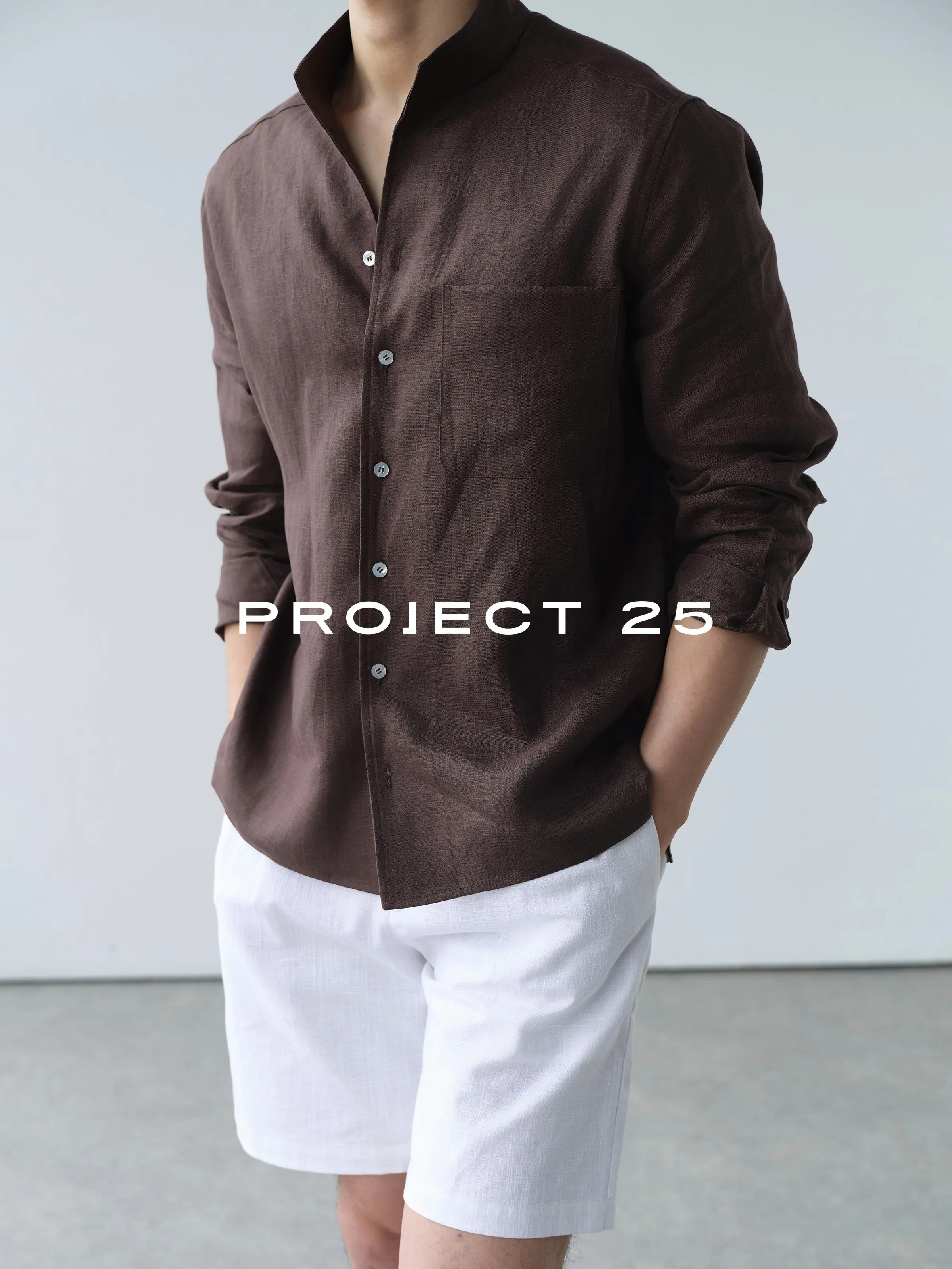 PROJECT 25 Men 100% Linen Breathable Cool Italian Stand Collar Loose Long Sleeve Shirt Spring Autumn Casual Lazy Style Top