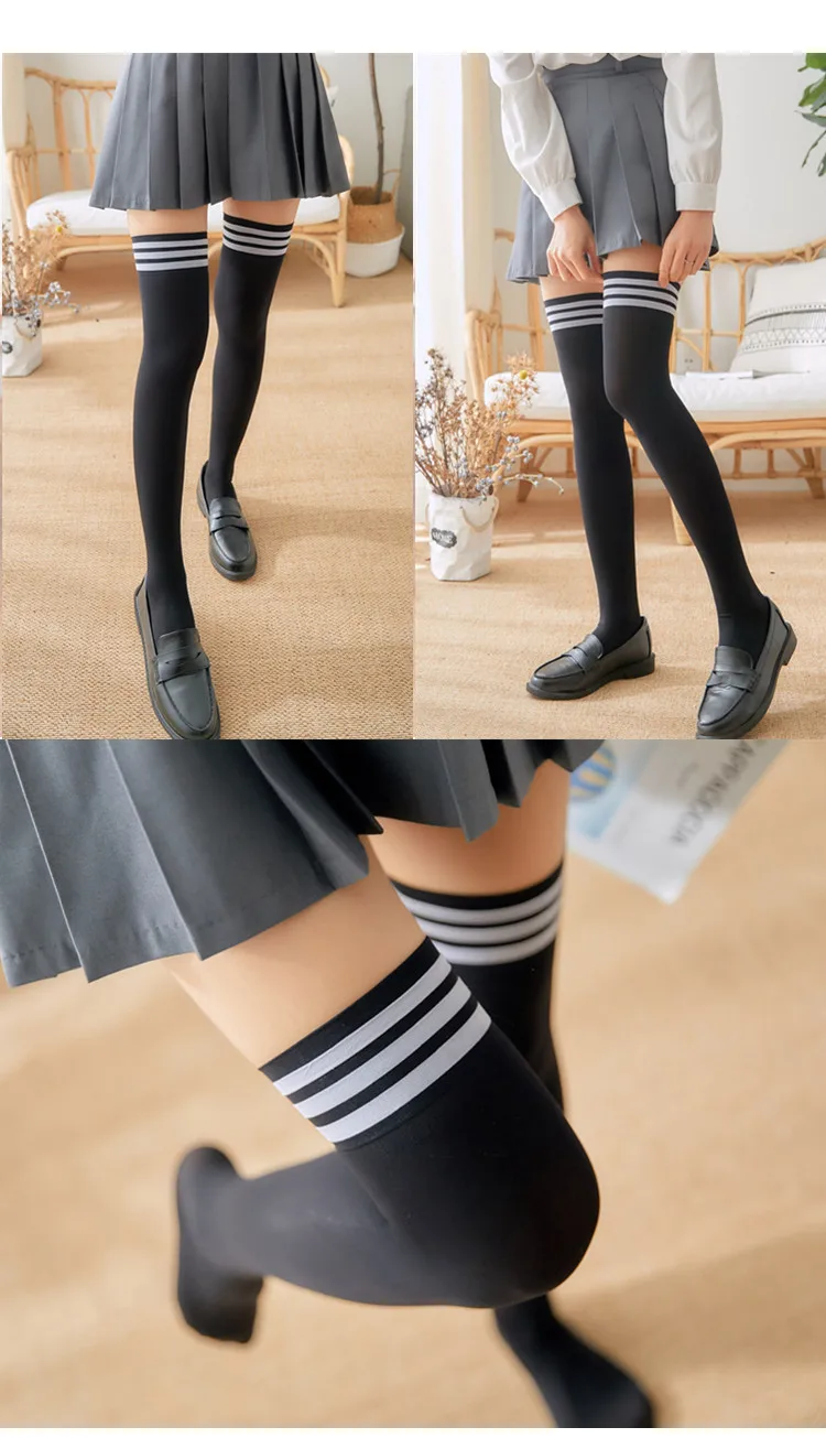 Gestreifte Overknee-Strümpfe für Mädchen und Damen, warme, modische Kniestrümpfe im Studenten-Stil, schwarz/weiß, Kawaii, lange Socken – Detail 11