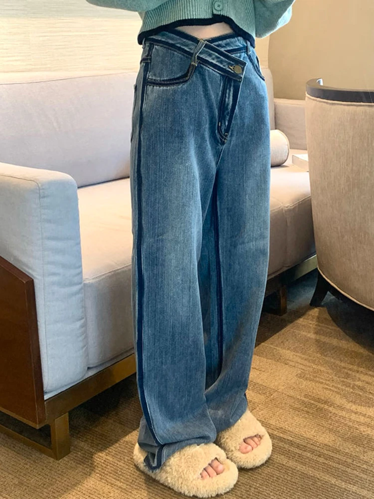 Jeans Women Asymmetrical Design Panelled Personality Autumn All-match Denim Korean Style Casual Wide Leg Simple Fashion Ladies