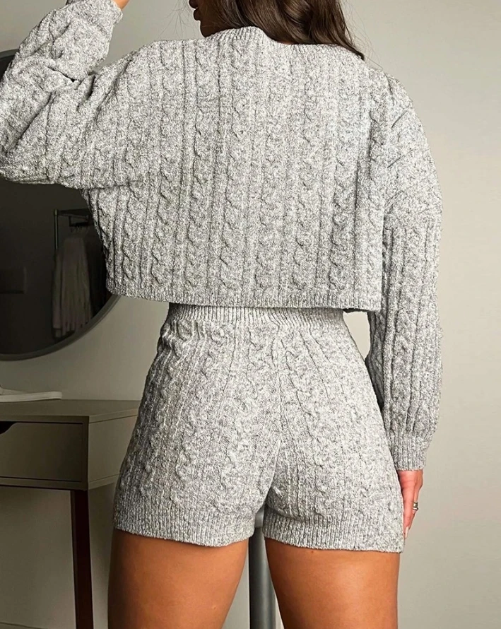 Elegant Twist Knitted Two Piece Set Women Crewneck Long Sleeve Cable Knit Crop Sweater High Waist Shorts Tracksuits Outfits