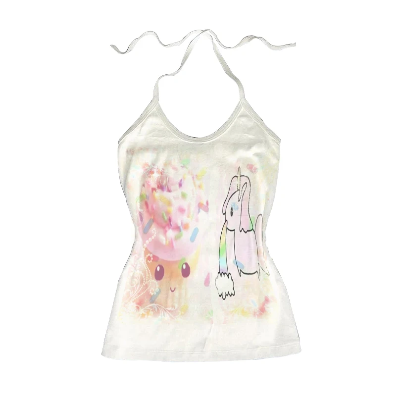 Kawaii Coquette Damen Rundhals-Langarmshirt mit süßem Einhorn-Eiscreme-Print, schmal geschnittenes Y2K Vintage Casual T-Shirt – Detail 4