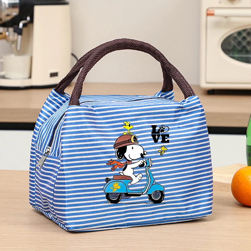 SNOOPY Stripes Insulated Portable Lunch Bags Women Pack Aluminum Foil Rice Bag Meal Pack Tote Pack Student Bento Lunch Handbag