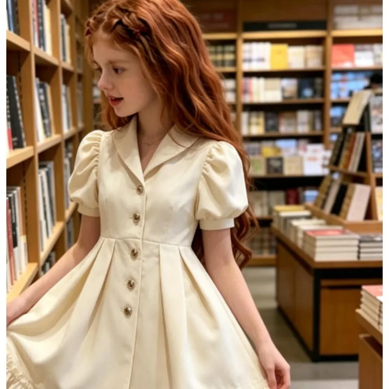 Russian girls' pure cotton spring and autumn French JK temperament skirt, lapel cardigan princess dress