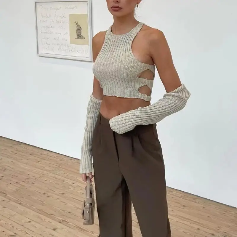 Women's Knit Halter Crop Top Cut Out Halter Long Sleeve White Halter Neck Tops