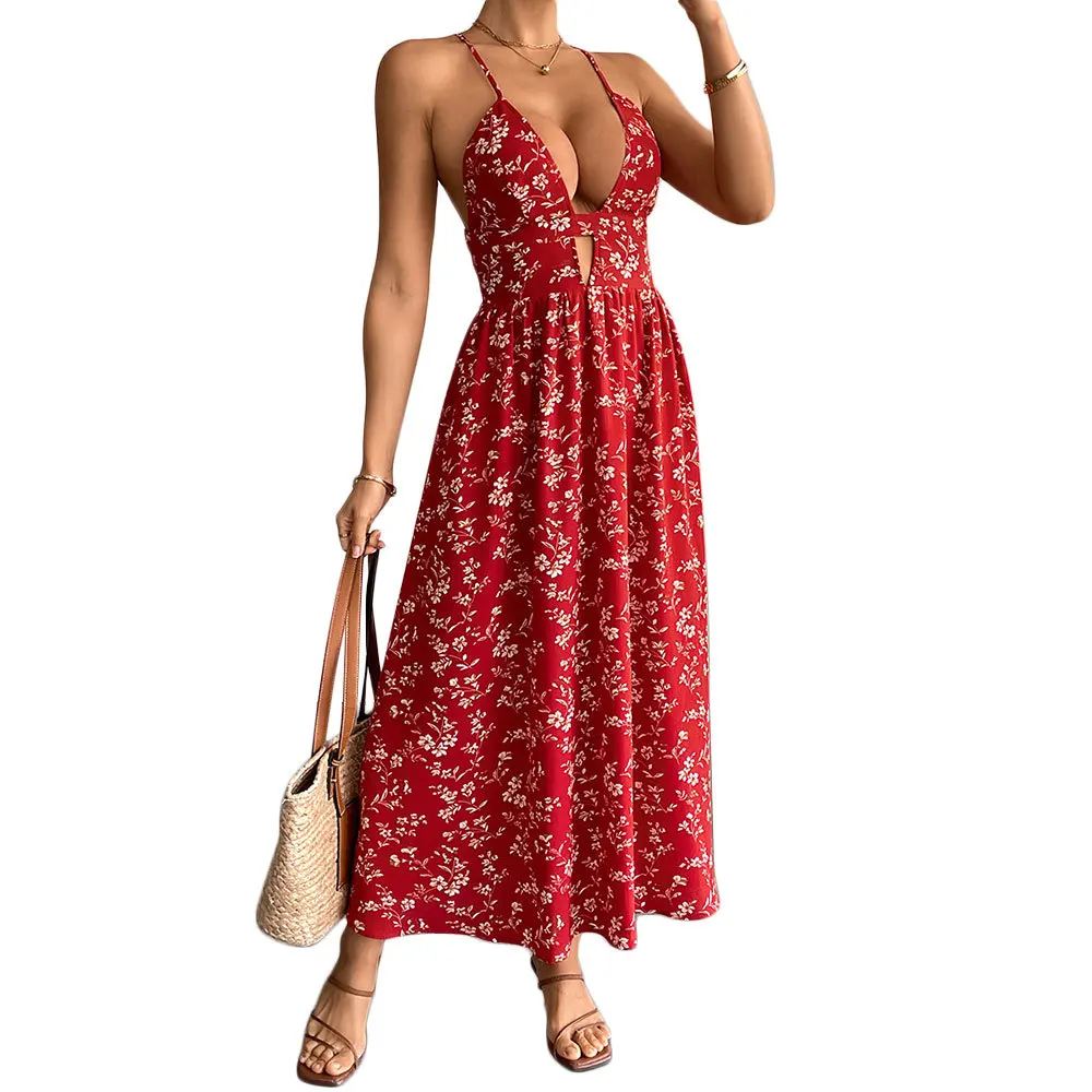NOVEDAD DE VERANO 20225, vestido Retro francés con cuello en V para mujer, vestido de tirantes, moda dulce Floral, vestidos largos adelgazantes para mujer