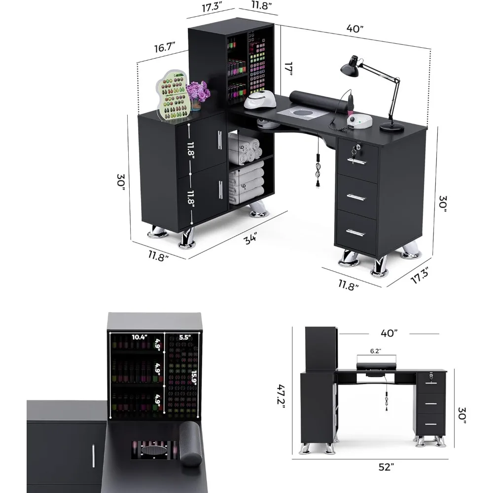 Manicure Table Nail Station w/Dust Collector - L-Shaped Nail Tech Table with Shelves, Storage Cabinets, Drawers, Metal Handles