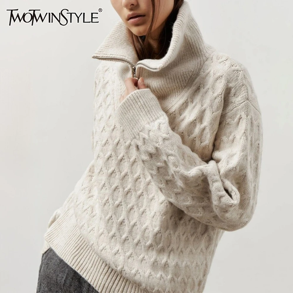 

TWOTWINSTYLE Baiscs минималистичный сращенный свитер на молнии для женщин водолазка с длинным рукавом корейский свободный стиль трикотаж женский новый