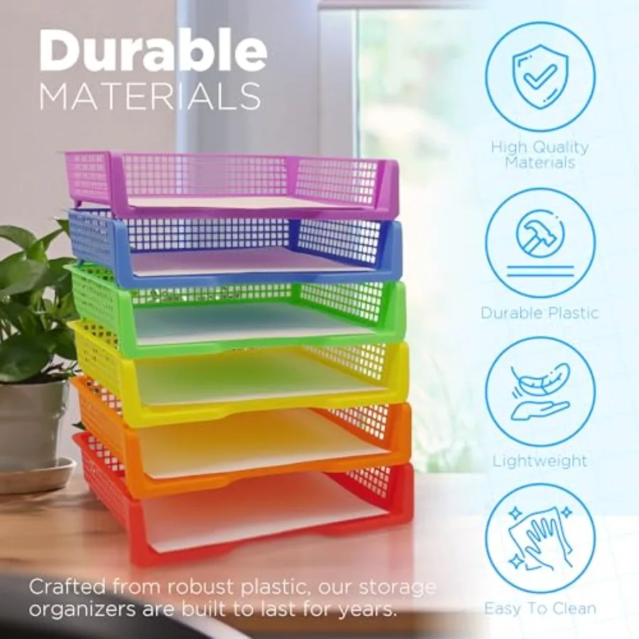 6 صواني بلاستيكية ملونة للمعلمين، صواني دوارة متينة، منظمات ورقية للفصل الدراسي، سلال تخزين قابلة للتكديس للمكتب