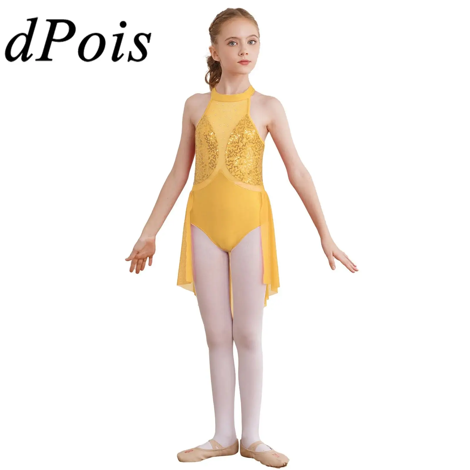 

Kids Girls Sequin Sheer Mesh Patchwork Ballet Leotard Dress Keyhole Back Sleeveless Figure Skating Dresses Lyrical Dance Costume