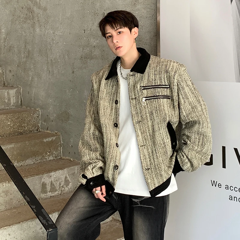 

Men's Fashion Button Coat Casual Fall 2023 Loose and Thick Turn-down Collar Tweed Coat Korean Chic Jacket Model Clothing Z123