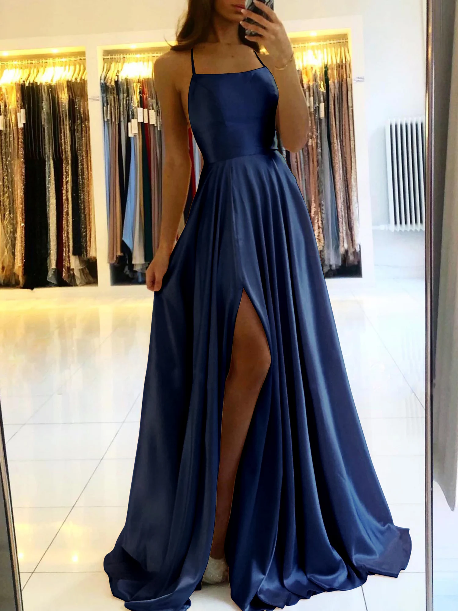 MisShow Midi Satin Slim Evening Dresses Sexy High Slit Tea Length  Spaghetti Straps Prom Formal Cocktail Party Gowns Navy Blue