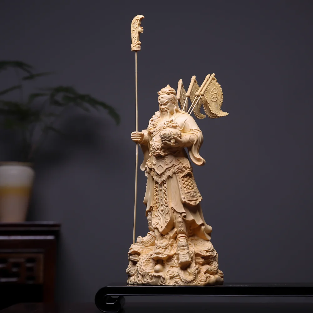 Hand Carved Wooden Guan Gong Statue God of War & Wealth Cai Shen Figurine Ornament Feng Shui Nine Dragons Home Office Desk Decor view 3