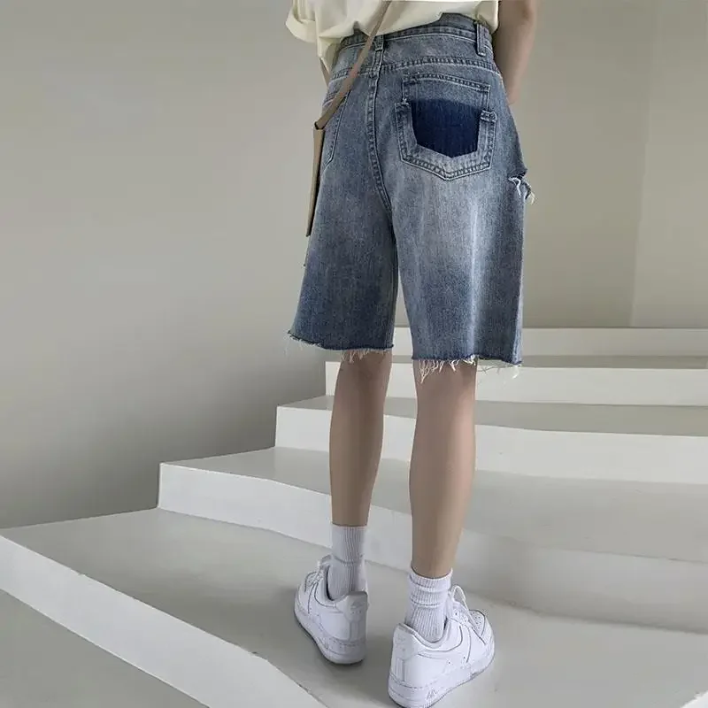 

Шорты женские джинсовые с карманами и широкими штанинами, новые дизайнерские шорты с высокой талией и отверстиями, винтажные шорты для отдыха в стиле Харадзюку, шикарные модные студенческие шорты