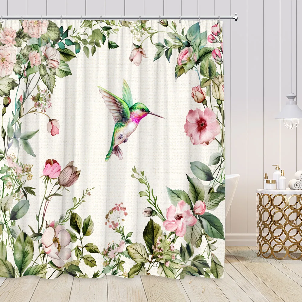 Hummingbird Floral Shower Curtains Birds Blooming Flowers Colorful Blossom Greenery Plants Modern Spring Bathroom Curtain Decor