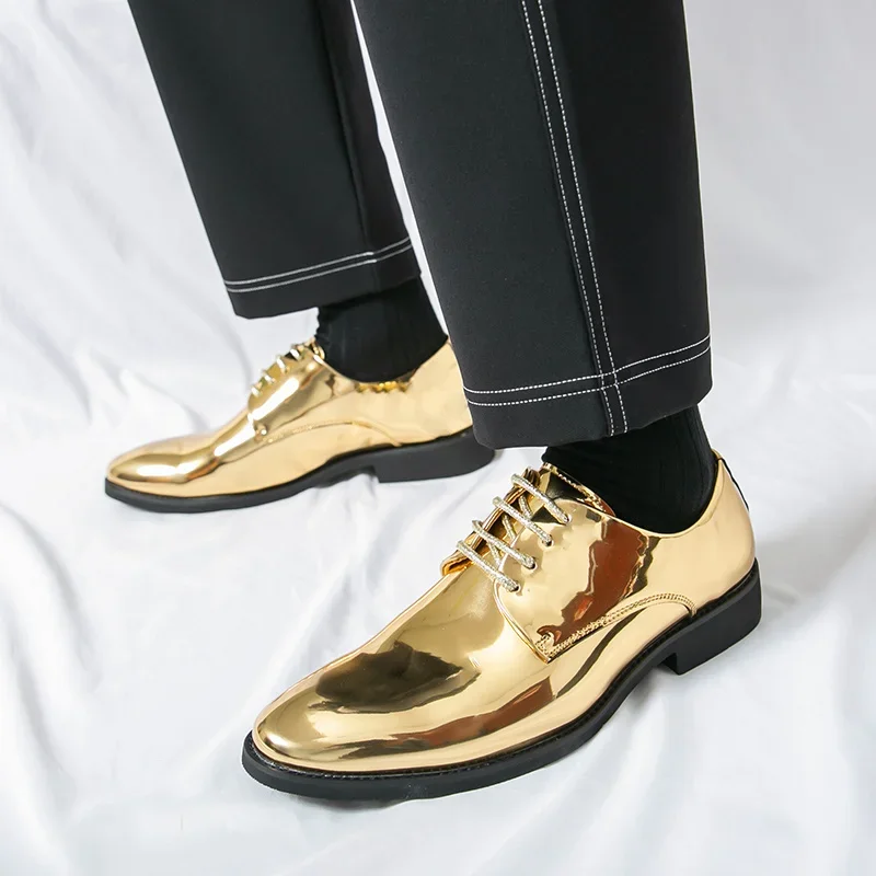 

Fashion Golden Leather Shoes For Men Large Size 49 50 Shiny Party Shoes Male Pointed Bussiness Man Formal Shoes chaussures homme