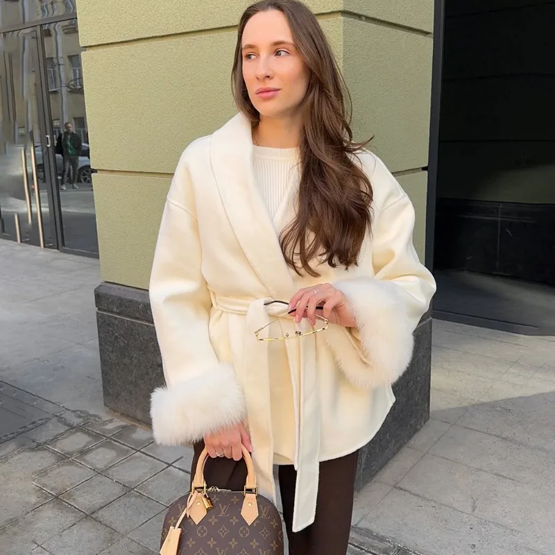 

Ticketsx Fox Fur Wool Overcoat Women's Short Coat Office Lady Elegant Double-sided Woolen Coat 2025 New Cardigan Jackets Loose