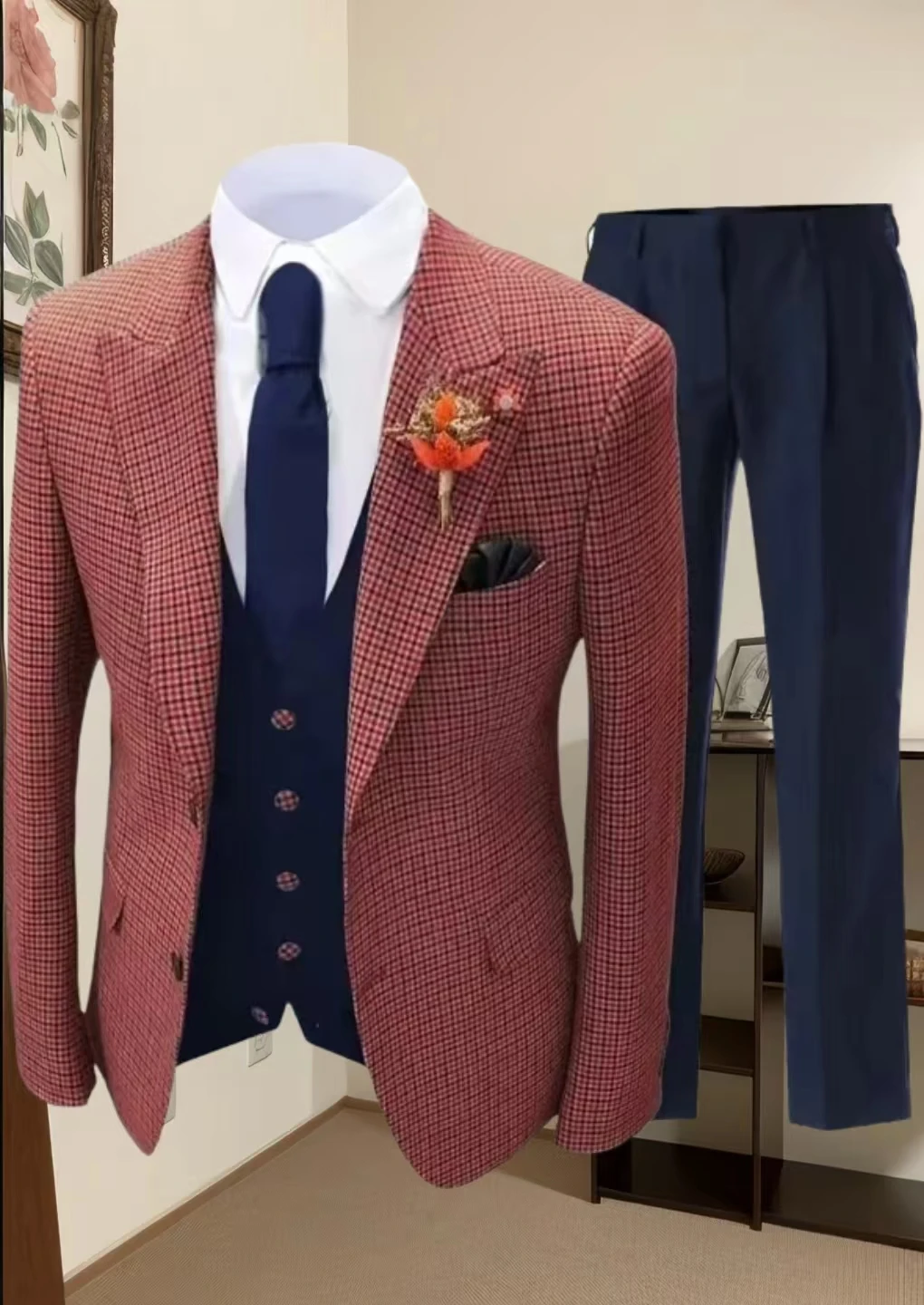 

Men's Suits Regular Fit Plaid Wool Tweed Prom Tuxedos Notch Lapel Mens Jacket for Wedding Slim Fit Stage Costume