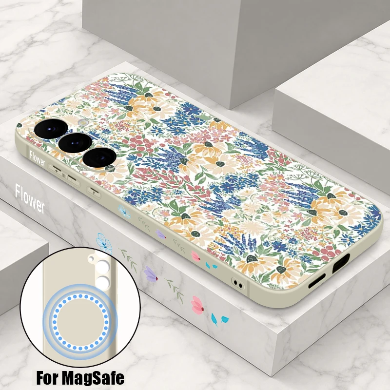 Small Flower Pattern Phone Case For Samsung Galaxy S25 FE S26 S25 S24 S23 S22 Ultra Plus For Magsafe Magnetic Soft Lanyard Cover