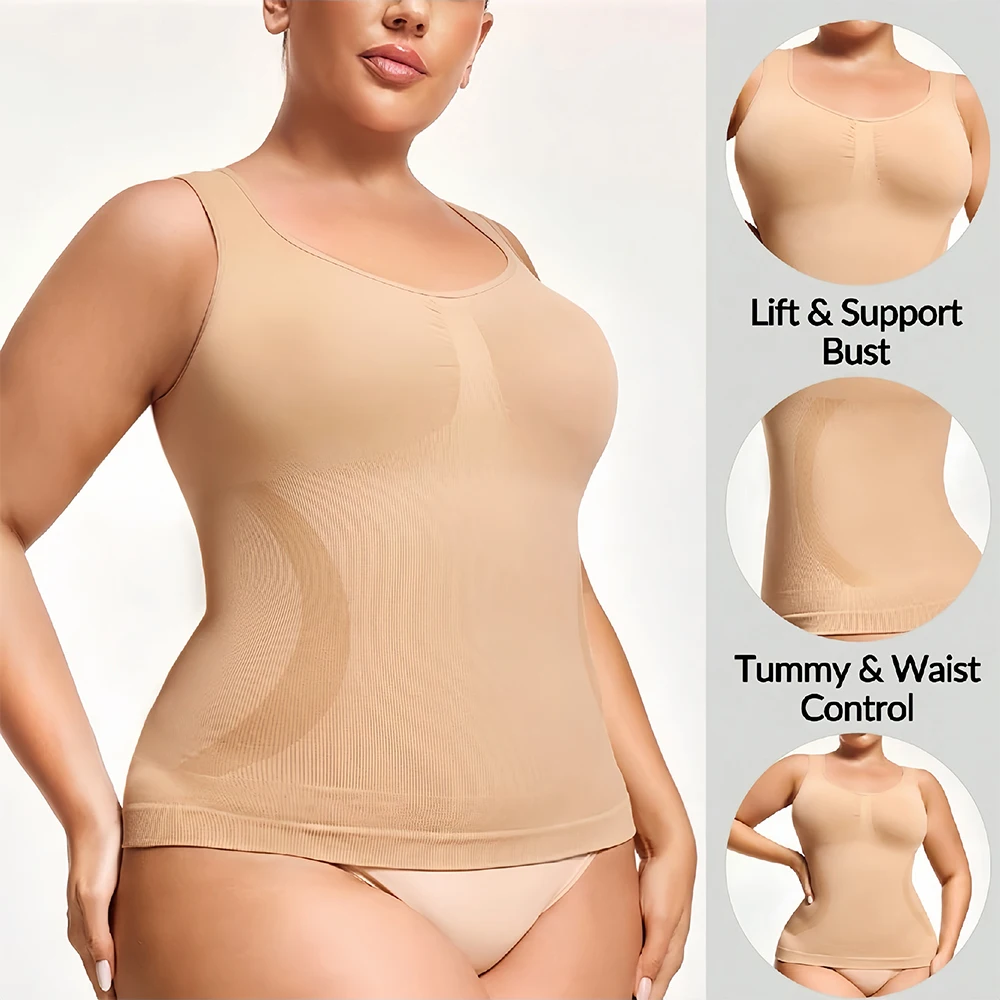 1Pcs Plus Size Women's Seamless Shapewear Tank Top, Crew Neck Compression Camisole, Tummy Control Slimming Body Shaper Cami Tops