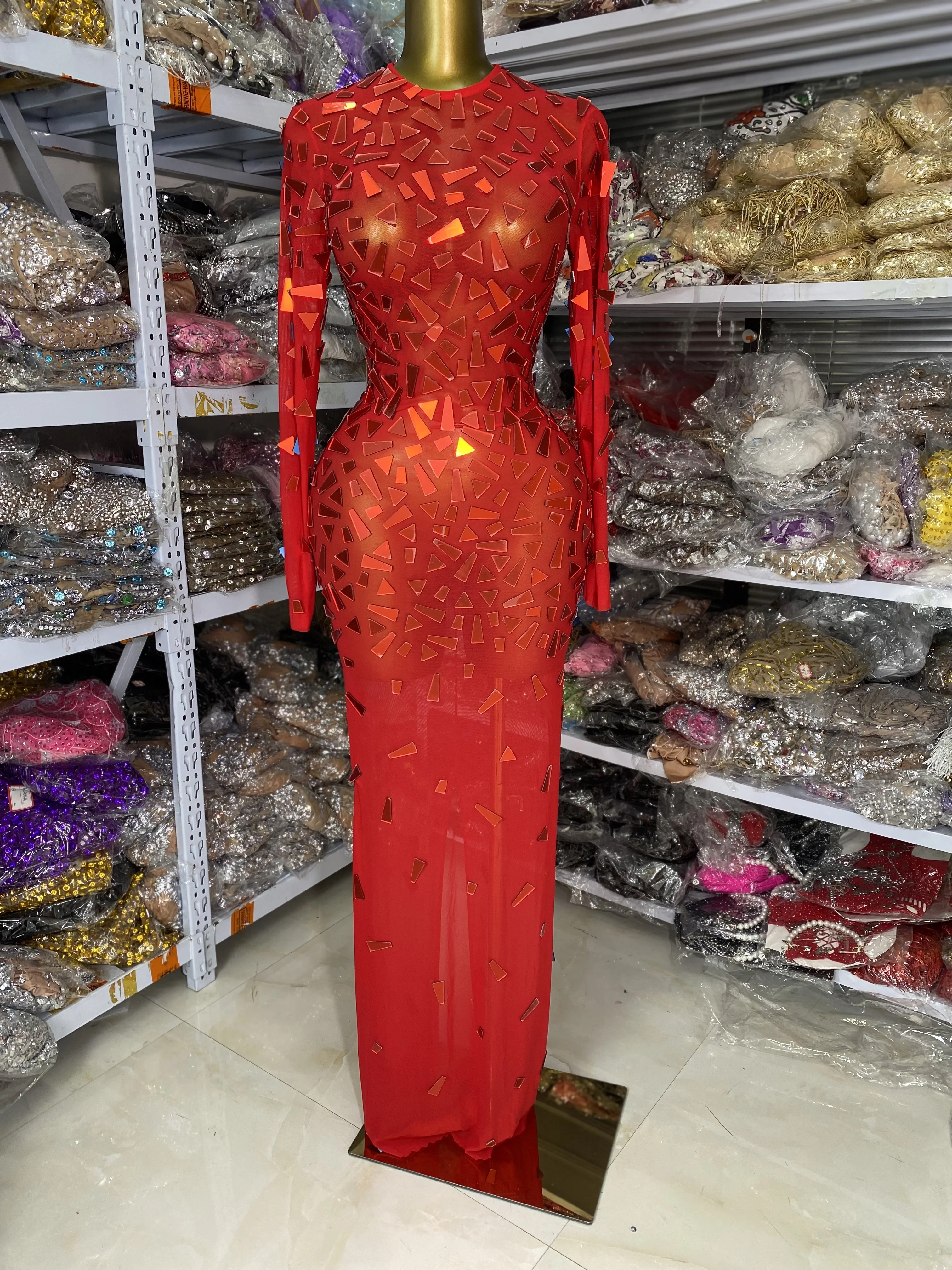 Feminino vermelho y2k vestido de festa à noite manga longa o pescoço espelho malha ver através maxi longo aniversário vestidos celebridade trajes palco