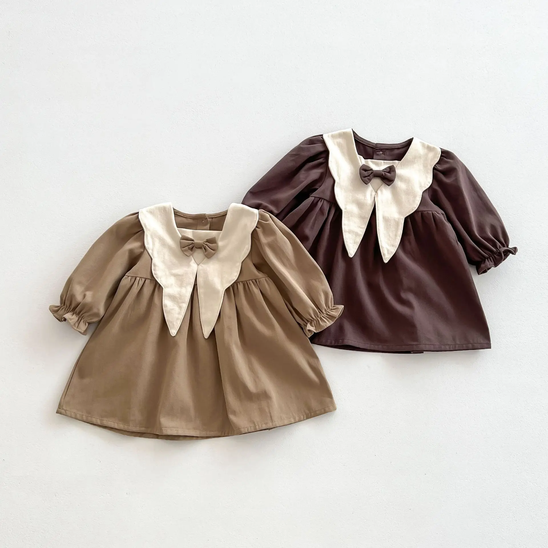 Girl Baby School Style Retro Ruffle Princess Long Sleeves Dress Spring Autumn Children Cotton Sweet Bow Casual Party Dresses