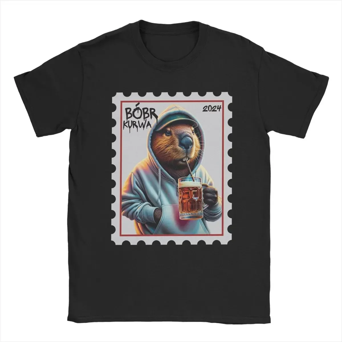 

Bóbr Kurwa Beaver Drinking Beer Graphic T-Shirt Men's Cotton Crew Neck Tee