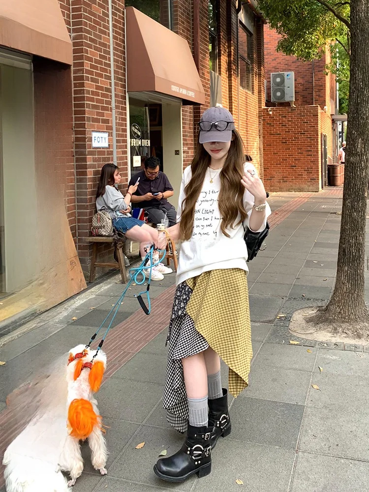 

Женская летняя юбка-миди LUU с бахромой, многослойная, в клетку, асимметричная, свободного кроя, в корейском стиле, с высокой талией