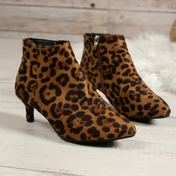 Fashionable and Elegant Leopard Pattern Thin Heel High Heel Women Shoes Versatile Four Seasons Women's Low Heel Sexy Short Boots