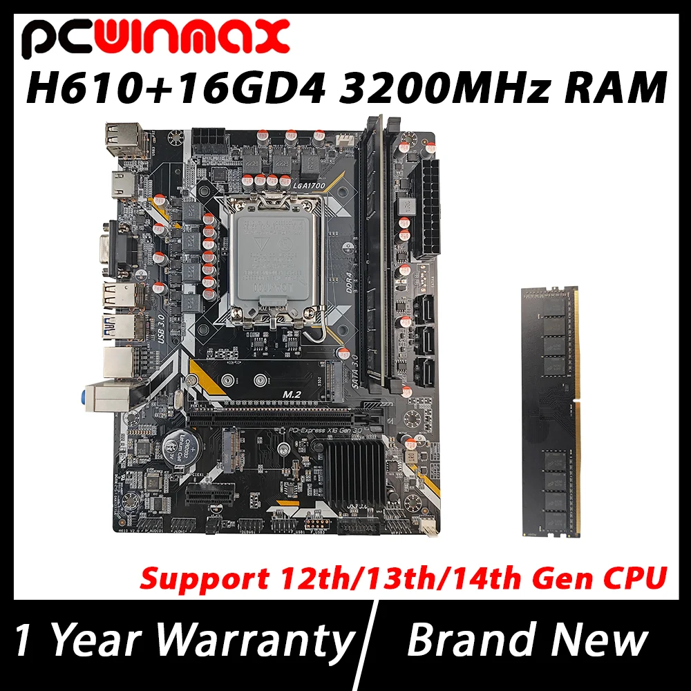 PCWINMAX Novo Combo de Placa-Mãe H610 + RAM DDR4 16G 3200mhz, Chipset Original H610, Kit de Placa-Mãe para Jogos MATX LGA1700