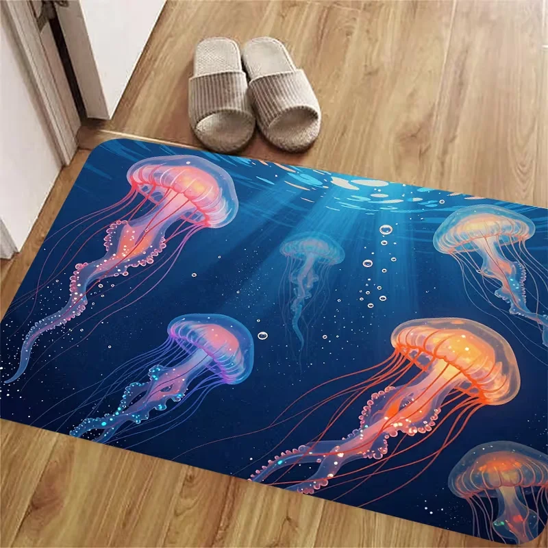 Glowing Deep Sea Jellyfish Doormat Neon Underwater Aquatic Creature Print Non Slip Entrance Rug For Entryway