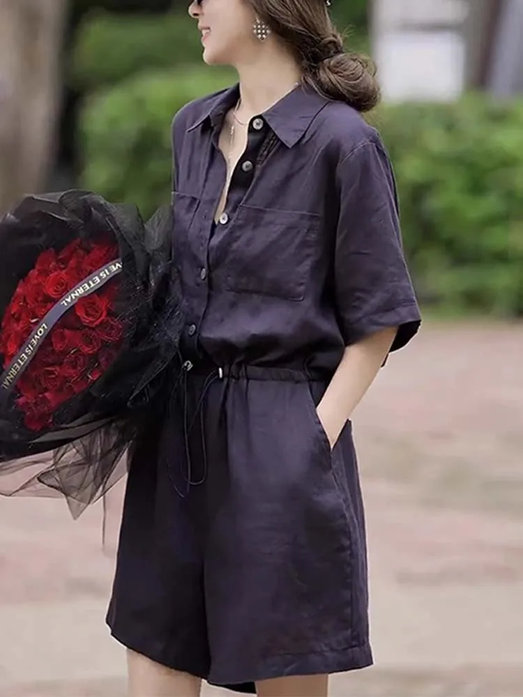 

Комбинезон для рабочей одежды с воротником, женский летний новый комбинезон маленького размера, свободные широкие брюки Dr orts с высокой талией