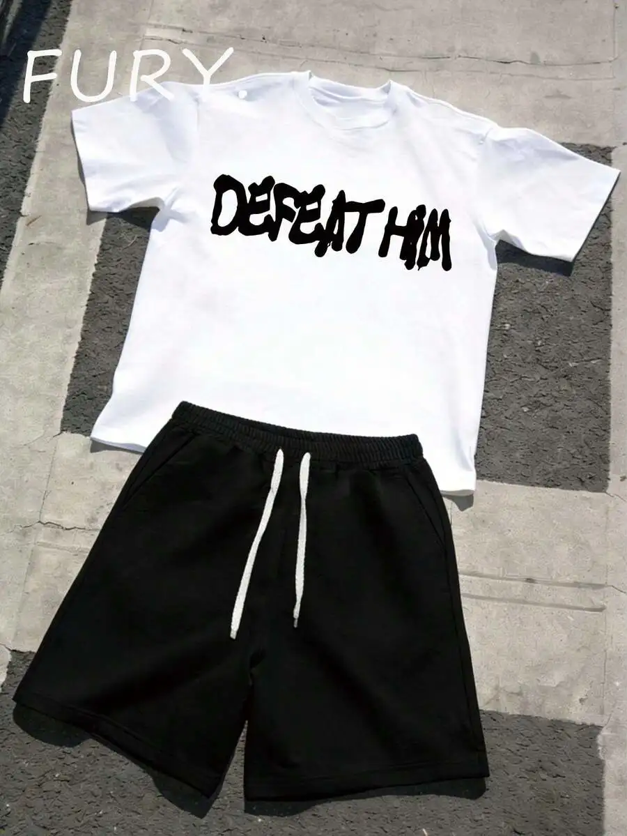 

Mens Streetwear DEFEAT HIM Graphic Tee And Drawstring Shorts Two Piece Set Casual Sporty Outfit