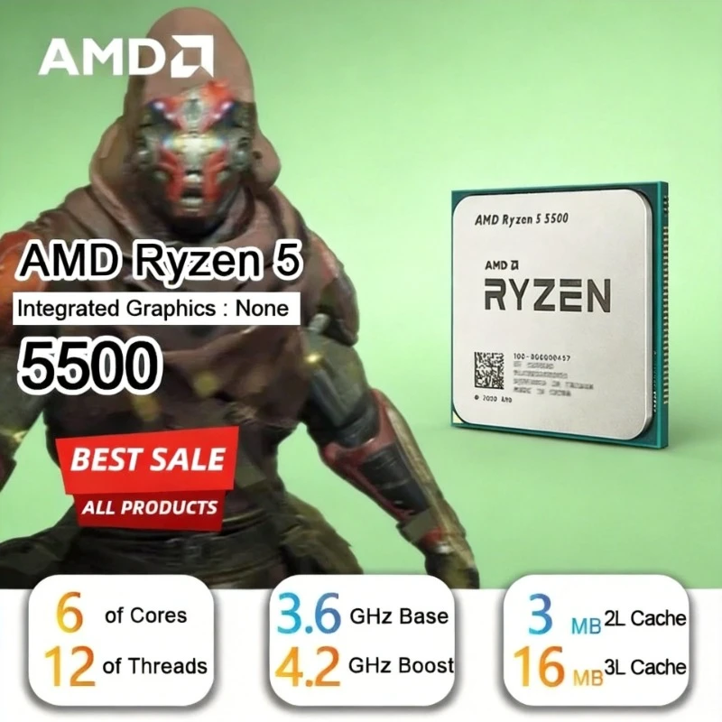 Processeur AMD R5 5500 CPU Ryzen 5 5500 4,2 GHz 6 cœurs 12 threads 65W TDP L3=16M Socket AM4 mais sans refroidisseur