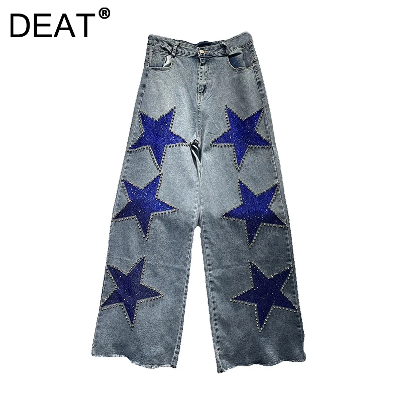 DEAT Women's Jeans High Waist Loose Pentagram Shaped Rhinestone Straight Wide Leg Denim Pants 2024 New Fashion Winter 29L9037