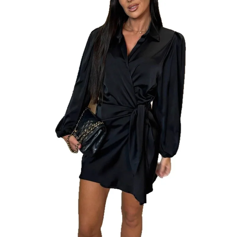 

2025 women's long sleeved autumn new color Ding dress party dress waist cinched satin shirt dress