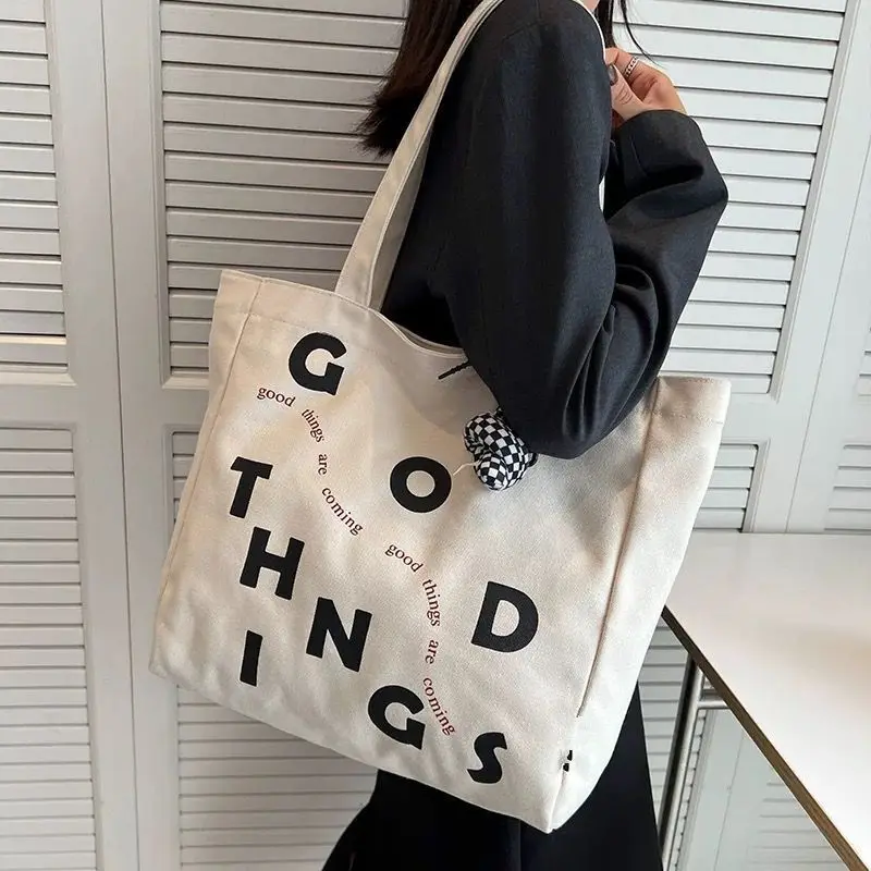 

Women Canvas Shoulder Bag Lettering Print Ladies Casual Handbag Tote Bag High Quality Large Capacity Cotton Shopping Beach Bag