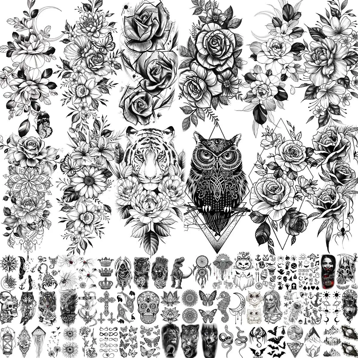 69 Sheets Realistic Flower Temporary Tattoos For Women Arm Peony Rose Tattoos Paper Fake Black Owl Floral Tiger Tatoos Sticker