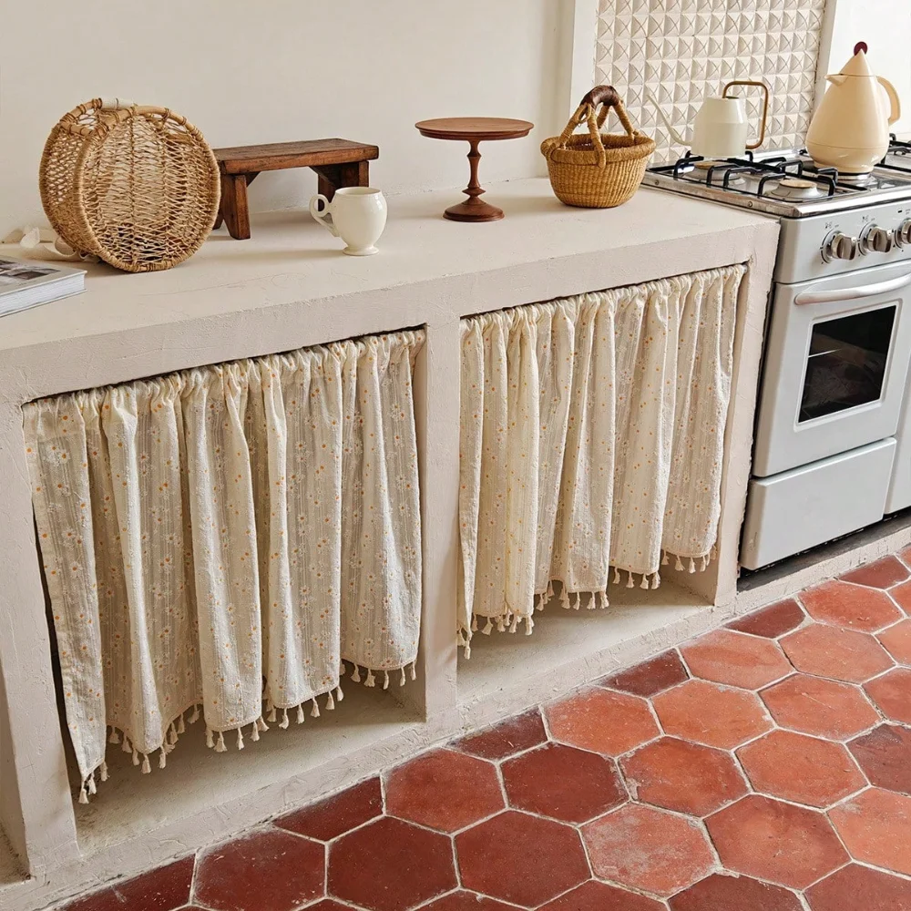1pc Cotton Short Kitchen/Coffee Curtain with Floral Pattern - Blackout Beige Curtain with Tassels (Curtain Rod Not Included)