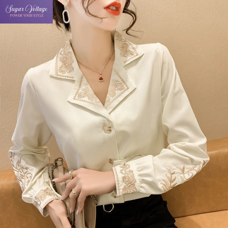 

Elegant Embroidered Blouse Women Autumn Chiffon Shirt Long Sleeve Lapel Tops Female Luxury Vintage Office Lady Fashion Clothing